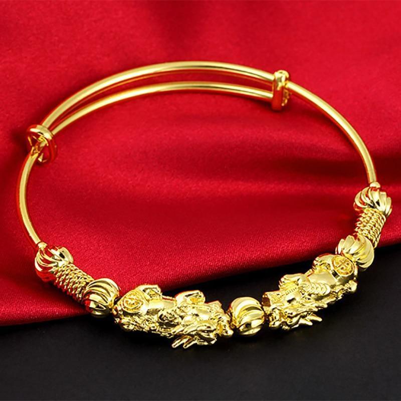 Double Pixiu Gold Wealth Bangle - Buddha Walks Shop