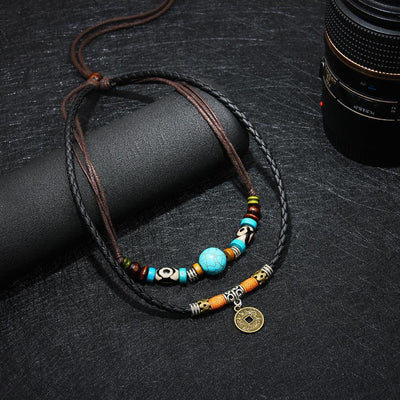 Turquoise and Lucky Coin Pendant Necklace - Buddha Walks Shop
